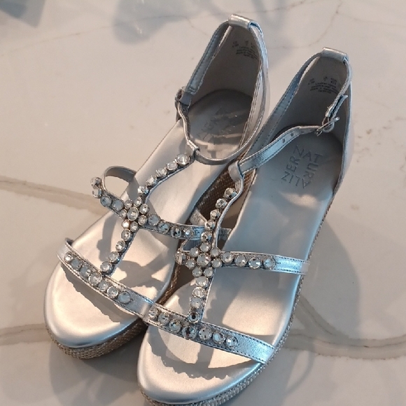 Naturalizer Serena Women's 9.5, 10  Silver Rhinestone Beaded Wedge Sandals - Picture 1 of 4
